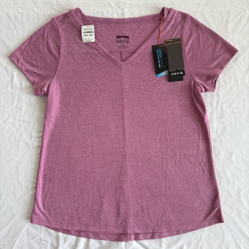 NWT Orvis Women's V-Neck‎ Tee Shirt Large Fuchsia Coolmax Lightweight Travel Top
